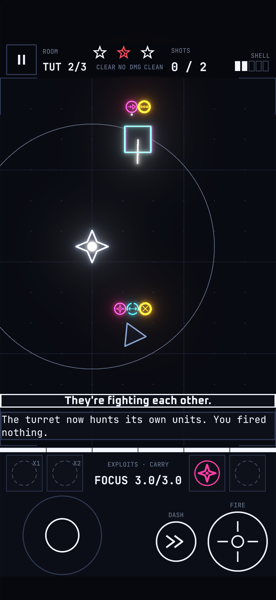 Chipjack gameplay: a hacked turret is now fighting its own drones, banner reads 'They're fighting each other.'
