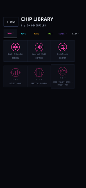 The chip library: decompiled TARGET chips shown as glowing sigils, locked categories greyed out