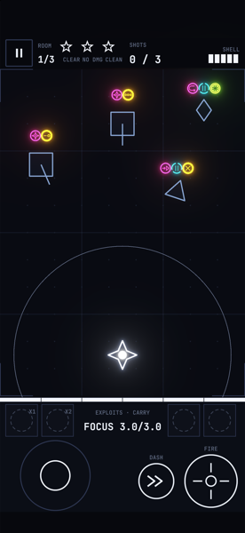 A heist room mid-fight: drones, a turret and a kamikaze unit around the player's shell